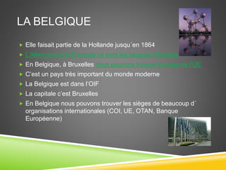 LA BELGIQUE
 Elle faisait partie de la Hollande jusqu´en 1864
 L’Allemand et le Français ce sont les langues officielles
 En Belgique, à Bruxelles nous pouvons trouver le siège de l'UE
 C’est un pays très important du monde moderne
 La Belgique est dans l’OIF
 La capitale c’est Bruxelles
 En Belgique nous pouvons trouver les sièges de beaucoup d´
organisations internationales (COI, UE, OTAN, Banque
Européenne)
 