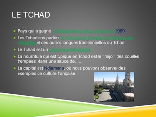 LE TCHAD
 Pays qui a gagné l'Indépendance de la France en 1960
 Les Tchadiens parlent le Français et l’Arabe comme langues
officielles et des autres langues traditionnelles du Tchad
 Le Tchad est un pays sous-développé
 La nourriture qui est typique en Tchad est le ‘’mijo’’ des couilles
trempées dans une sauce de…..
 La capital est Ndjamena, où nous pouvons observer des
exemples de culture française
 