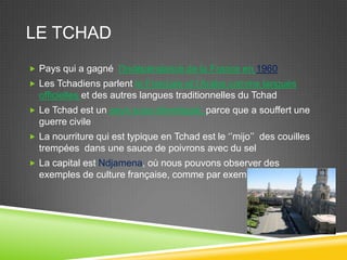 LE TCHAD
 Pays qui a gagné l'Indépendance de la France en 1960
 Les Tchadiens parlent le Français et l’Arabe comme langues
officielles et des autres langues traditionnelles du Tchad
 Le Tchad est un pays sous-développé, parce que a souffert une
guerre civile
 La nourriture qui est typique en Tchad est le ‘’mijo’’ des couilles
trempées dans une sauce de poivrons avec du sel
 La capital est Ndjamena, où nous pouvons observer des
exemples de culture française, comme par exemple la cathédral
 