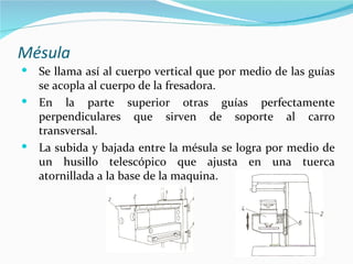 Mésula
 Se llama así al cuerpo vertical que por medio de las guías
  se acopla al cuerpo de la fresadora.
 En la parte superior otras guías perfectamente
  perpendiculares que sirven de soporte al carro
  transversal.
 La subida y bajada entre la mésula se logra por medio de
  un husillo telescópico que ajusta en una tuerca
  atornillada a la base de la maquina.
 