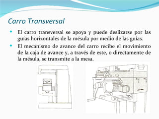 Carro Transversal
 El carro transversal se apoya y puede deslizarse por las
  guías horizontales de la mésula por medio de las guías.
 El mecanismo de avance del carro recibe el movimiento
  de la caja de avance y, a través de este, o directamente de
  la mésula, se transmite a la mesa.
 