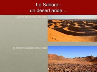 Le Sahara :
un désert aride…
13
Le Sahara des dunes de sable (ergs)
Le Sahara des paysages rocheux (regs)
 