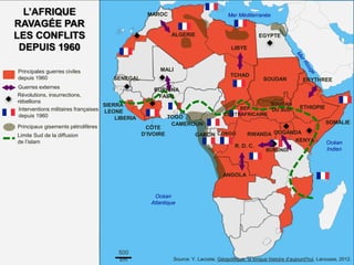500
km
Océan
Atlantique
Océan
Indien
L’AFRIQUE
RAVAGÉE PAR
LES CONFLITS
DEPUIS 1960
Mer Méditerranée
CONGO
ETHIOPIE
ERYTHREE
MAROC
ALGERIE
Source: Y. Lacoste, Géopolitique, la longue histoire d’aujourd’hui, Larousse, 2012.
Principales guerres civiles
depuis 1960
Guerres externes
MALI
LIBYE
TCHAD
R. D. C.
ANGOLA
OUGANDA
BURUNDI
RWANDA
Interventions militaires françaises
depuis 1960
Révolutions, insurrections,
rébellions
BURKINA
FASO
KENYA
Principaux gisements pétrolifères
Limite Sud de la diffusion
de l’islam
SOUDAN
EGYPTE
SOUDAN
DU SUDREP.
CENTRAFRICAINE
SOMALIE
SENEGAL
SIERRA
LEONE
LIBERIA
CÔTE
D’IVOIRE
CAMEROUN
GABON
TOGO
 