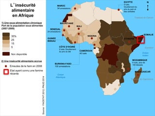 Océan
Atlantique
Océan
Indien
1) Une sous-alimentation chronique
Part de la population sous-alimentée
(2007-2009)
2) Une insécurité alimentaire accrue
35%
25
15
N
5
Non disponible
Source:FAOSTAT2012,PNUD2014
Emeutes de la faim en 2008
CÔTE D’IVOIRE
2 tués. Doublement
du prix du blé
SENEGAL
24 arrestations
GUINEE
BISSAU
MAROC
34 arrestations
MAURITANIE
MALI
BURKINA-FASO
100 arrestations
CAMEROUN
40 tués
NIGERIA
EGYPTE
5 tués.
Doublement du
prix du pain et
des céréales
MOZAMBIQUE
6 tués, plus de
100 blessés
MADAGASCAR
ETHIOPIE
SOMALIE
Etat ayant connu une famine
récente
L’insécurité
alimentaire
en Afrique Tropique du Cancer
Tropique du Capricorne
Equateur
 
