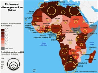 Source: PNUD, Banque mondiale 2014
500
km
Océan
Atlantique
Océan
Indien
Richesse et
développement en
Afrique
Indice de développement
humain (2012)
0,34
0,38
0,45
0,50
0,63
Non connu
0,76
Produit intérieur brut en 2012
(en milliards de dollars)
384
200
50
10
100
Mer Méditerranée
LIBYE
TUNISIE
ALGERIE
MAROC
NIGER
TCHAD
SOUDAN
MALI
MAURITANIE
CAP VERT
SENEGAL
GAMBIE
GUINEE
BISSAU
GUINEE
SIERRA
LEONE
LIBERIA
BURKINA
FASO
TOGO
BENIN
NIGERIA
Sahara
occidental
CÔTE
D’IVOIRE
EGYPTE
CAMEROUN
GABON
CONGO
GUINEE E.
SOUDAN
DU SUD
ETHIOPIE
ERYTHREE
OUGANDA
SAO TOME ET PRINCIPE
R. D. C.
REP.
CENTRAFRICAINE
GHANA
TANZANIE
BURUNDI
RWANDA
KENYA
SOMALIE
DJIBOUTI
ANGOLA
ZAMBIE
NAMIBIE
ZIMBABWE MOZAMBIQUE
MALAWI
COMORES
SWAZILAND
LESOTHO
AFRIQUE
DU SUD
MADAGASCAR
BOTSWANA
 