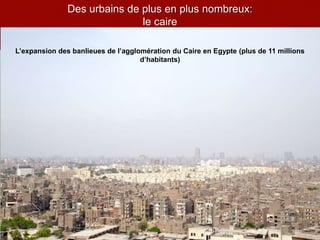 Des urbains de plus en plus nombreux:
le caire
L’expansion des banlieues de l’agglomération du Caire en Egypte (plus de 11 millions
d’habitants)
 
