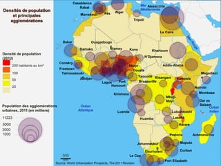 500
km
Océan
Atlantique
Océan
Indien
Mer
Méditerranée
Densité de population
(2012)
25
50
100
200 habitants au km²
Population des agglomérations
urbaines, 2011 (en milliers)
11223
5000
1000
3000
Source: World Urbanization Prospects, The 2011 Revision
Densités de population
et principales
agglomérations
Alger
Tripoli
Alexandrie
Le Caire
Khartoum
Addis-Abeba
Mogadisci
o
Nairobi
Mombasa
Dar es
Salaam
Antananarivo
Durban
MaputoJohannesbur
g
Pretoria
Port Elizabeth
Le Cap
Ekurhuleni
Harare
Lusaka
Lubumbashi
Mbuji-
Mayi
Kisangani Kampala
Huambo
Luanda
Kinshasa
Brazzaville
Yaoundé
Douala
Dakar
N’Djamena
Kano
Lagos Port
Harcourt
Niamey
Ouagadougo
u
Bamako
Abidjan
Freetown
Conakry
Abuja
Yamoussoukr
o
Casablanca
Rabat
Marrakech Fès
 