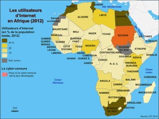 500
km
Océan
Atlantique
Océan
Indien
Source: UIT 2014
Les utilisateurs
d’Internet
en Afrique (2012)
Utilisateurs d’Internet
(en % de la population
totale, 2012)
10
20
40 %
Non connu
La cyber-censure
Pays où la cyber-censure
est la plus développée
EGYPTE
LIBYE
TUNISIE
ALGERIE
MAROC
NIGER TCHAD
SOUDAN
MALI
MAURITANIE
SENEGAL
BURKINA
FASO
NIGERIA
SOUDAN
DU SUD ETHIOPIE
ERYTHREE
Sahara
occidental
REP.
CENTRAFRICAINE
DJIBOUTI
GAMBIE
GUINEE
TOGOSIERRA
LEONE
SOMALIE
OUGANDA
GUINEE
BISSAU
LIBERIA BENIN
GABON
CONGO
GUINEE E.
ANGOLA
ZAMBIE
NAMIBIE
BOTSWANA
MOZAMBIQUE
MALAWI
SWAZILAND
LESOTHOAFRIQUE
DU SUD
MADAGASCAR
COMORES
KENYA
CÔTE
D’IVOIRE
R. D. C.
GHANA
CAMEROUN
ZIMBABWE
TANZANIE
RWANDA
BURUNDI
Mer Méditerranée
 