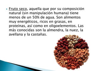 Fruto seco, aquella que por su composición natural (sin manipulación humana) tiene menos de un 50% de agua. Son alimentos muy energéticos, ricos en grasas, en proteínas, así como en oligoelementos. Las más conocidas son la almendra, la nuez, la avellana y la castañas.