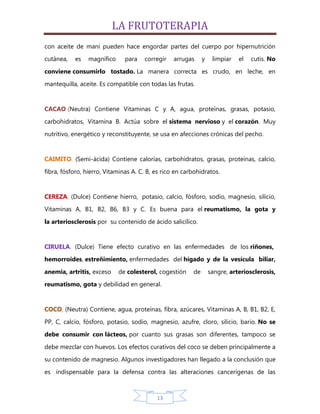 LA FRUTOTERAPIA
con aceite de maní pueden hace engordar partes del cuerpo por hipernutrición
cutánea,   es    magnífico     para   corregir    arrugas     y    limpiar   el   cutis. No

conviene consumirlo tostado. La manera correcta es crudo, en leche, en
mantequilla, aceite. Es compatible con todas las frutas.


CACAO (Neutra) Contiene Vitaminas C y A, agua, proteínas, grasas, potasio,

carbohidratos, Vitamina B. Actúa sobre el sistema nervioso y el corazón. Muy
nutritivo, energético y reconstituyente, se usa en afecciones crónicas del pecho.


CAIMITO. (Semi-ácida) Contiene calorías, carbohidratos, grasas, proteínas, calcio,

fibra, fósforo, hierro, Vitaminas A. C. B, es rico en carbohidratos.


CEREZA. (Dulce) Contiene hierro, potasio, calcio, fósforo, sodio, magnesio, silicio,
Vitaminas A, B1, B2, B6, B3 y C. Es buena para el reumatismo, la gota y

la arteriosclerosis por su contenido de ácido salicílico.


CIRUELA. (Dulce) Tiene efecto curativo en las enfermedades de los riñones,
hemorroides, estreñimiento, enfermedades del hígado y de la vesícula biliar,

anemia, artritis, exceso     de colesterol, cogestión    de       sangre, arteriosclerosis,
reumatismo, gota y debilidad en general.


COCO, (Neutra) Contiene, agua, proteínas, fibra, azúcares, Vitaminas A, B, B1, B2, E,

PP, C, calcio, fósforo, potasio, sodio, magnesio, azufre, cloro, silicio, bario. No se
debe consumir con lácteos, por cuanto sus grasas son diferentes, tampoco se

debe mezclar con huevos. Los efectos curativos del coco se deben principalmente a
su contenido de magnesio. Algunos investigadores han llegado a la conclusión que
es indispensable para la defensa contra las alteraciones cancerígenas de las



                                           13
 