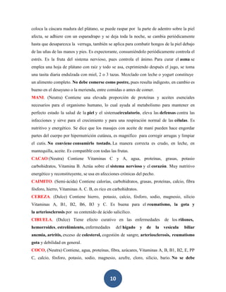 coloca la cáscara madura del plátano, se puede raspar por la parte de adentro sobre la piel
afecta, se adhiere con un esparadrapo y se deja toda la noche, se cambia periódicamente
hasta que desaparezca la verruga, también se aplica para combatir hongos de la piel debajo
de las uñas de las manos y pies. Es expectorante, consumiéndolo periódicamente controla el
estrés. Es la fruta del sistema nervioso, pues controla el ánimo. Para curar el asma se
emplea una hoja de plátano con raíz y todo se asa, exprimiendo después el jugo, se toma
una tasita diaria endulzada con miel, 2 o 3 tazas. Mezclado con leche o yogurt constituye
un alimento completo. No debe comerse como postre, pues resulta indigesto, en cambio es
bueno en el desayuno o la merienda, entre comidas o antes de comer.
MANI. (Neutra) Contiene una elevada proporción de proteínas y aceites esenciales
necesarios para el organismo humano, lo cual ayuda al metabolismo para mantener en
perfecto estado la salud de la piel y el sistemacirculatorio, eleva las defensas contra las
infecciones y sirve para el crecimiento y para una respiración normal de las células. Es
nutritivo y energético. Se dice que los masajes con aceite de maní pueden hace engordar
partes del cuerpo por hipernutrición cutánea, es magnífico para corregir arrugas y limpiar
el cutis. No conviene consumirlo tostado. La manera correcta es crudo, en leche, en
mantequilla, aceite. Es compatible con todas las frutas.
CACAO (Neutra) Contiene Vitaminas C y A, agua, proteínas, grasas, potasio
carbohidratos, Vitamina B. Actúa sobre el sistema nervioso y el corazón. Muy nutritivo
energético y reconstituyente, se usa en afecciones crónicas del pecho.
CAIMITO. (Semi-ácida) Contiene calorías, carbohidratos, grasas, proteínas, calcio, fibra
fósforo, hierro, Vitaminas A. C. B, es rico en carbohidratos.
CEREZA. (Dulce) Contiene hierro, potasio, calcio, fósforo, sodio, magnesio, silicio
Vitaminas A, B1, B2, B6, B3 y C. Es buena para el reumatismo, la gota y
la arteriosclerosis por su contenido de ácido salicílico.
CIRUELA. (Dulce) Tiene efecto curativo en las enfermedades                    de los riñones,
hemorroides, estreñimiento, enfermedades        del hígado      y   de   la   vesícula   biliar
anemia, artritis, exceso de colesterol, cogestión de sangre, arteriosclerosis, reumatismo
gota y debilidad en general.
COCO, (Neutra) Contiene, agua, proteínas, fibra, azúcares, Vitaminas A, B, B1, B2, E, PP
C, calcio, fósforo, potasio, sodio, magnesio, azufre, cloro, silicio, bario. No se debe



                                             10
 