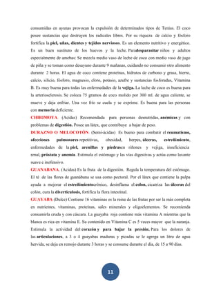 consumidas en ayunas provocan la expulsión de determinados tipos de Tenías. El coco
posee sustancias que destruyen los radicales libres. Por su riqueza de calcio y fósforo
fortifica la piel, uñas, dientes y tejidos nerviosos. Es un elemento nutritivo y energético.
Es un buen sustituto de los huevos y la leche. Paradesparasitar niños y adultos
especialmente de amebas: Se mezcla medio vaso de leche de coco con medio vaso de jugo
de piña y se toman como desayuno durante 9 mañanas, cuidando no consumir otro alimento
durante 2 horas. El agua de coco contiene proteínas, hidratos de carbono y grasa, hierro,
calcio, silicio, fósforo, magnesio, cloro, potasio, azufre y sustancias fosforadas, Vitamina
B. Es muy buena para todas las enfermedades de la vejiga. La leche de coco es buena para
la arteriosclerosis. Se coloca 75 gramos de coco molido por 300 ml. de agua caliente, se
mueve y deja enfriar. Una vez frío se cuela y se exprime. Es buena para las personas
con memoria deficiente.
CHIRIMOYA. (Acidas) Recomendada                  para personas desnutridas, anémicas y con
problemas de digestión. Posee un látex, que contribuye a bajar de peso.
DURAZNO O MELOCOTÓN. (Semi-ácidas) Es bueno para combatir el reumatismo,
afecciones      pulmonares repetitivas,        obesidad,        herpes, úlceras,   estreñimiento,
enfermedades de la piel, arenillas y piedrasen riñones                   y vejiga, insuficiencia
renal, próstata y anemia. Estimula el estómago y las vías digestivas y actúa como laxante
suave e inofensivo.
GUANABANA. (Acidas) Es la fruta de la digestión. Regula la temperatura del estómago.
El té de las flores de guanábana se usa como pectoral. Por el látex que contiene la pulpa
ayuda a mejorar el estreñimientocrónico, desinflama el colon, cicatriza las úlceras del
colón, cura la diverticulosis, fortifica la flora intestinal.
GUAYABA (Dulce) Contiene 16 vitaminas es la reina de las frutas por ser la más completa
en nutrientes, vitaminas, proteínas, sales minerales y oligoelementos. Se recomienda
consumirla cruda y con cáscara. La guayaba roja contiene más vitamina A mientras que la
blanca es rica en vitamina E. Su contenido en Vitamina C es 5 veces mayor que la naranja.
Estimula la actividad del corazón y para bajar la presión. Para los dolores de
las articulaciones, a 3 o 4 guayabas maduras y picadas se le agrega un litro de agua
hervida, se deja en remojo durante 3 horas y se consume durante el día, de 15 a 90 días.




                                                11
 