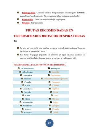 Estómago dolor. Consumir una taza de agua caliente con unas gotas de limón a
       pequeños sorbos, lentamente. No comer nada sólido hasta que pase el dolor.
         Hipertensión. Tomar cocimiento de hojas de guayaba
         Páncreas. Jugo de naranja



              FRUTAS RECOMENDADAS EN
ENFERMEDADES BRONCORRESPIRATORIAS
Tos.


       Se abre un coco se le pone miel de abejas se pone al fuego hasta que forme un
       jarabe que se toma cada 2 horas.
       Las flores de papaya preparadas en infusión, en agua hirviendo cuidando de
       agregar miel de abejas. Jugo de papaya se cocina y se endulza con miel.


FUNCION BASICA DE LAS FRUTAS EN FRUTOTERAPIA.
       En fruto-terapia                        Fruta para
         Albaricoque                            Debilidad
          Almendra                             Crecimiento
            Banano                   Felicidad (contra la depresión)
            Ciruela                            Cansancio
             Coco                               Cerebro
          Guanábana                             Digestión
           Guayaba                               Reina
             Lima                                 Gota
            Limón                               Mil usos
         Mamoncillo                              Vejiga
          Mandarina                             Ecológica
            Mango                               Corazón
           Manzana                               Salud




                                          22
 