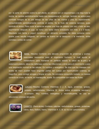 LA FRUTOTERAPIA



por la parte de adentro sobre la piel afecta, se adhiere con un esparadrapo y se deja toda la
noche, se cambia periódicamente hasta que desaparezca la verruga, también se aplica para
combatir hongos de la piel debajo de las uñas de las manos y pies. Es expectorante,
consumiéndolo periódicamente controla el estrés. Es la fruta del sistema nervioso, pues
controla el ánimo. Para curar el asma se emplea una hoja de plátano con raíz y todo se asa,
exprimiendo después el jugo, se toma una tasita diaria endulzada con miel, 2 o 3 tazas.
Mezclado con leche o yogurt constituye un alimento completo. No debe comerse como
postre, pues resulta indigesto, en cambio es bueno en el desayuno o la merienda, entre
comidas o antes de comer.




                  MANI. (Neutra) Contiene una elevada proporción de proteínas y aceites
                 esenciales necesarios para el organismo humano, lo cual ayuda al
                 metabolismo para mantener en perfecto estado la salud de la piel y el
sistemacirculatorio, eleva las defensas contra las infecciones y sirve para el crecimiento y para
una respiración normal de las células. Es nutritivo y energético. Se dice que los masajes con
aceite de maní pueden hace engordar partes del cuerpo por hipernutrición cutánea, es
magnífico para corregir arrugas y limpiar el cutis. No conviene consumirlo tostado. La manera
correcta es crudo, en leche, en mantequilla, aceite. Es compatible con todas las frutas.



                   CACAO (Neutra) Contiene Vitaminas C y A, agua, proteínas, grasas,
                  potasio, carbohidratos, Vitamina B. Actúa sobre el sistema nervioso y
                  el corazón. Muy nutritivo, energético y reconstituyente, se usa en
afecciones crónicas del pecho.



                 CAIMITO. (Semi-ácida) Contiene calorías, carbohidratos, grasas, proteínas,
                 calcio, fibra, fósforo, hierro, Vitaminas A. C. B, es rico en carbohidratos.




COMPETENCIA LABORAL OPTATIVA I
 