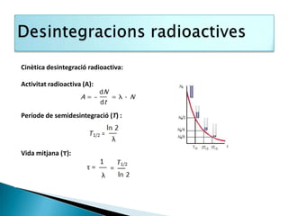 Cinètica desintegració radioactiva:

Activitat radioactiva (A):



Període de semidesintegració (T) :




Vida mitjana (τ):
 
