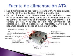    Las dimensiones de las fuentes estándar (ATX) para equipos
     son: Ancho 15 cms, Fondo 14 cms y alto 8,6 cms.
    Existen fuentes con dimensiones más reducidas pero
     resultan mucho más caras, con lo cual hay veces que en vez
     de cambiar la fuente de alimentación hay que plantearse el
     cambio de caja y fuente al salir más económico. En
     ocasiones es difícil encontrar un repuesto, salvo que lo
     podamos conseguir desde el mismo fabricante.
        Alimentación conector ATX
        24                                                         Interruptor de
       Alimentación dispositivos                                   encendido/apagado
       SATA
    Alimentación para placa                                          Conector de corriente de
    base ATX                                                         red alterna
            Alimentación       8,6 cms
            conector ATX12V                                        Ventiladores

                                                      15cms
                                         14cms


                                                 Componentes de un Equipo
                                                         Microinformático                       15
 