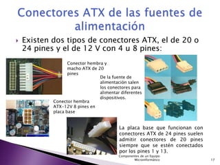    Existen dos tipos de conectores ATX, el de 20 o
    24 pines y el de 12 V con 4 u 8 pines:
                   Conector hembra y
                   macho ATX de 20
                   pines
                                 De la fuente de
                                 alimentación salen
                                 los conectores para
                                 alimentar diferentes
                                 dispositivos.
            Conector hembra
            ATX-12V 8 pines en
            placa base


                                          La placa base que funcionan con
                                          conectores ATX de 24 pines suelen
                                          admitir conectores de 20 pines
                                          siempre que se estén conectados
                                          por los pines 1 y 13.
                                          Componentes de un Equipo
                                                  Microinformático            17
 