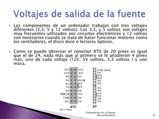    Los componentes de un ordenador trabajan con tres voltajes
    diferentes (3,3, 5 y 12 voltios). Los 3,3, y 5 voltios son voltajes
    muy frecuentes utilizados por circuitos electrónicos y 12 voltios
    son necesarios cuando se trata de hacer funcionar motores como
    los ventiladores, el disco duro o lectores ópticos.

   Como se puede observar el conector ATX de 20 pines es igual
    que el de 24, nada más que al primero se le añadieron 4 pines
    más, uno de cada voltaje (12V, 5V voltios, 3,3 voltios ) y uno
    masa.




                                        Componentes de un Equipo
                                                Microinformático          18
 