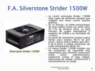    La recién estrenada Strider 1500W
    hace capaz de alimentar equipos que
    trabajen con hasta cuatro tarjetas
    gráficas.
   En su interior, se hallan prestaciones
    de gran calibre como sus ocho raíles
    de 12V de primera clase, su baja
    emisión de ruidos (equivalente a
    modelos de 500W) y su ventilador de
    135mm.
   Su panel de conectores incluye cuatro
    tomas para tarjetas PCI-E de 8/6
    pines, cuatro tomas dobles para PCI-
    E de 6 pines y cuatro conectores de
    triple alimentación SATA, etc.
   La nueva Strider 1500W cumple con
    los protocolos de seguridad más
    importantes para afrontar situaciones
    límite      como:      sobretensiones,
    protección contra el bajo voltaje,
    sobrecarga de voltaje, cortocircuito y
    funcionamiento sin carga.

      Componentes de un Equipo
              Microinformático               20
 