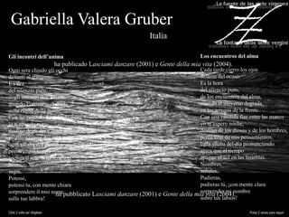 Gabriella Valera Gruber
Italia
ha publicado Lasciami danzare (2001) e Gente della mia vita (2004).
ha pubblicato Lasciami danzare (2001) e Gente della mia vita (2004).
Gli incontri dell’anima
Ogni sera chiudo gli occhi
davanti al tramonto.
È l’ora
del silenzio puro,
degli incontri dell’anima,
quando l’universo digrada
sulle rughe della fronte.
Con un candido fiore fra le mani
io ti attendo notte,
destino degli dei e degli uomini,
profilo azzurro dei miei pensieri,
ogni sillaba del giorno pronunziando
prima che il tempo
spenga il sole nelle tenebre.
Nomi,
segni.
Potessi,
potessi tu, con mente chiara
sorprendere il mio nome
sulle tue labbra!
Los encuentros del alma
Cada tarde cierro los ojos
delante del ocaso.
Es la hora
del silencio puro,
de los encuentros del alma,
cuando el universo degrada
en las arrugas de la frente.
Con una cándida flor entre las manos
yo te espero noche,
destino de los dioses y de los hombres,
perfil azul de mis pensamientos,
cada sílaba del día pronunciando
antes que el tiempo
apague el sol en las tinieblas.
Nombres,
señales.
Pudieras,
pudieras tú, ¡con mente clara
sorprender mi nombre
sobre tus labios!
Click 2 volte per sfogliare Pulsa 2 veces para seguir
 