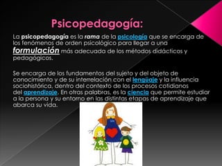 La psicopedagogía es la rama de la psicología que se encarga de
los fenómenos de orden psicológico para llegar a una
formulación más adecuada de los métodos didácticos y
pedagógicos.
Se encarga de los fundamentos del sujeto y del objeto de
conocimiento y de su interrelación con el lengüaje y la influencia
sociohistórica, dentro del contexto de los procesos cotidianos
del aprendizaje. En otras palabras, es la ciencia que permite estudiar
a la persona y su entorno en las distintas etapas de aprendizaje que
abarca su vida.
 