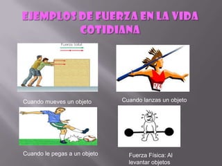 Cuando mueves un objeto       Cuando lanzas un objeto




Cuando le pegas a un objeto     Fuerza Física: Al
                                levantar objetos
 