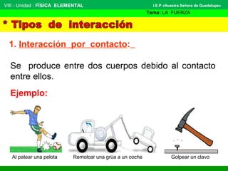 VIII - Unidad : FÍSICA ELEMENTAL 
1. Interacción por contacto: 
I.E.P «Nuestra Señora de Guadalupe» 
Tema: LA FUERZA 
Se produce entre dos cuerpos debido al contacto 
entre ellos. 
Ejemplo: 
Al patear una pelota Remolcar una grúa a un coche Golpear un clavo 
 