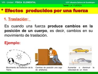 VIII - Unidad : FÍSICA ELEMENTAL 
1. Traslación: 
I.E.P «Nuestra Señora de Guadalupe» 
Tema: LA FUERZA 
Es cuando una fuerza produce cambios en la 
posición de un cuerpo, es decir, cambios en su 
movimiento de traslación. 
Ejemplo: 
Movimiento de traslación de la 
Tierra. 
Cambiar de posición una caja 
de artefactos. 
Aumentar o disminuir la 
velocidad de un móvil. 
 