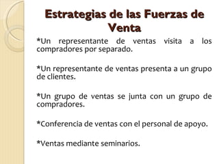 Estrategias de las Fuerzas de Venta *Un representante de ventas visita a los compradores por separado. *Un representante de ventas presenta a un grupo de clientes. *Un grupo de ventas se junta con un grupo de compradores. *Conferencia de ventas con el personal de apoyo. *Ventas mediante seminarios.  