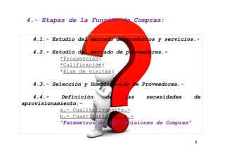 4.- Etapas de la Función de Compras:
 4.-

   4.1.- Estudio del mercado de productos y servicios.-

   4.2.- Estudio del mercado de proveedores.-
           *Prospección:
           *Calificación:
           *Plan de visitas:

   4.3.- Selección y Homologación de Proveedores.-

    4.4.-   Definición    de    las    necesidades    de
aprovisionamiento.-
            a.- Cualitativamente.-
            b.- Cuantitativamente.-
            “Parámetros de las decisiones de Compras”


                                                      8
 