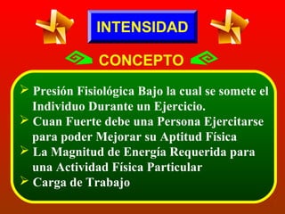INTENSIDAD
CONCEPTO
 Presión Fisiológica Bajo la cual se somete el
Individuo Durante un Ejercicio.
 Cuan Fuerte debe una Persona Ejercitarse
para poder Mejorar su Aptitud Física
 La Magnitud de Energía Requerida para
una Actividad Física Particular
 Carga de Trabajo

 