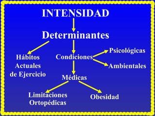 INTENSIDAD
Determinantes
Hábitos
Actuales
de Ejercicio

Condiciones

Psicológicas
Ambientales

Médicas

Limitaciones
Ortopédicas

Obesidad

 