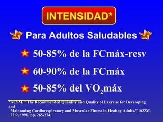INTENSIDAD*
Para Adultos Saludables

50-85% de la FCmáx-resv
60-90% de la FCmáx
50-85% del VO2máx
*ACSM. "The Recommended Quantity and Quality of Exercise for Developing
and
Maintaning Cardiorespiratory and Muscular Fitness in Healthy Adults." MSSE,
22:2, 1990, pp. 265-274.

 