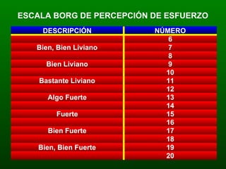 ESCALA BORG DE PERCEPCIÓN DE ESFUERZO
DESCRIPCIÓN
Bien, Bien Liviano
Bien Liviano
Bastante Liviano
Algo Fuerte
Fuerte
Bien Fuerte
Bien, Bien Fuerte

NÚMERO
6
7
8
9
10
11
12
13
14
15
16
17
18
19
20

 