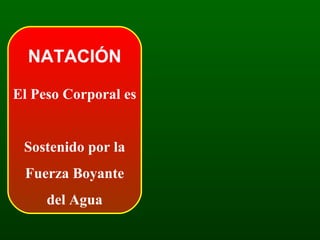 NATACIÓN
El Peso Corporal es
Sostenido por la
Fuerza Boyante
del Agua

 