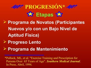 PROGRESIÓN*
Etapas
 Programa de Novatos (Participantes
Nuevos y/o con un Bajo Nivel de
Aptitud Física)
 Progreso Lento
 Programa de Mantenimiento
*Pollock, ML, et al. "Exercise Training and Prescription for
Persons Over 65 Years of Age". Southern Medical Journal.
In Press, Abril, 1994.

 