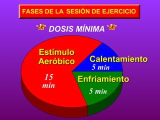 FASES DE LA SESIÓN DE EJERCICIO

DOSIS MÍNIMA

Estímulo
Aeróbico

15

min

Calentamiento
5 min

Enfriamiento
5 min

 