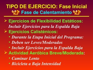 TIPO DE EJERCICIO: Fase Inicial
Fase de Calentamiento
 Ejercicios de Flexibilidad Estáticos:

Incluir Ejercicios para la Espalda Baja
 Ejercicios Calisténicos:
• Durante la Etapa Inicial del Programa:
• Deben ser Leves/Moderados
• Incluir Ejercicios para la Espalda Baja
 Actividad Aeróbica Breve/Moderada:
• Caminar Lento
• Bicicleta a Baja Intensidad

 