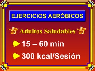 EJERCICIOS AERÓBICOS

Adultos Saludables

15 – 60 min
300 kcal/Sesión

 