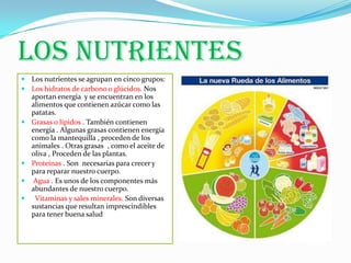 Los nutrientes
 Los nutrientes se agrupan en cinco grupos:
 Los hidratos de carbono o glúcidos. Nos
    aportan energía y se encuentran en los
    alimentos que contienen azúcar como las
    patatas.
   Grasas o lípidos . También contienen
    energía . Algunas grasas contienen energía
    como la mantequilla , proceden de los
    animales . Otras grasas , como el aceite de
    oliva , Proceden de las plantas.
   Proteínas . Son necesarias para crecer y
    para reparar nuestro cuerpo.
    Agua . Es unos de los componentes más
    abundantes de nuestro cuerpo.
    Vitaminas y sales minerales. Son diversas
    sustancias que resultan imprescindibles
    para tener buena salud
 