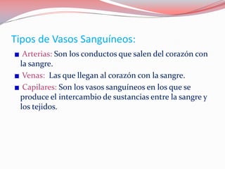 Tipos de Vasos Sanguíneos:
Arterias: Son los conductos que salen del corazón con
la sangre.
Venas: Las que llegan al corazón con la sangre.
Capilares: Son los vasos sanguíneos en los que se
produce el intercambio de sustancias entre la sangre y
los tejidos.
 
