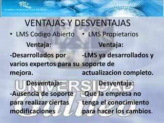 VENTAJAS Y DESVENTAJAS
• LMS Codigo Abierto      • LMS Propietarios
      Ventaja:                 Ventaja:
-Desarrollados por        -LMS ya desarrollados y
varios expertos para su   soporte de
mejora.                   actualizacion completo.
      Desventaja:              Desventaja:
-Ausencia de soporte      -Que la empresa no
para realizar ciertas     tenga el conocimiento
modificaciones            para hacer los cambios.
 
