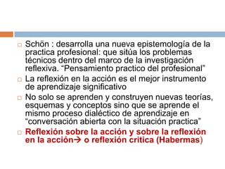    Schön : desarrolla una nueva epistemología de la
    practica profesional: que sitúa los problemas
    técnicos dentro del marco de la investigación
    reflexiva. “Pensamiento practico del profesional”
   La reflexión en la acción es el mejor instrumento
    de aprendizaje significativo
   No solo se aprenden y construyen nuevas teorías,
    esquemas y conceptos sino que se aprende el
    mismo proceso dialéctico de aprendizaje en
    “conversación abierta con la situación practica”
   Reflexión sobre la acción y sobre la reflexión
    en la acción o reflexión critica (Habermas)
 