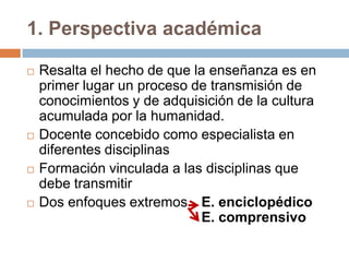 1. Perspectiva académica

   Resalta el hecho de que la enseñanza es en
    primer lugar un proceso de transmisión de
    conocimientos y de adquisición de la cultura
    acumulada por la humanidad.
   Docente concebido como especialista en
    diferentes disciplinas
   Formación vinculada a las disciplinas que
    debe transmitir
   Dos enfoques extremos E. enciclopédico
                             E. comprensivo
 