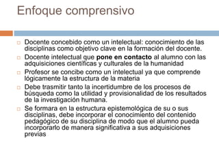 Enfoque comprensivo

   Docente concebido como un intelectual: conocimiento de las
    disciplinas como objetivo clave en la formación del docente.
   Docente intelectual que pone en contacto al alumno con las
    adquisiciones científicas y culturales de la humanidad
   Profesor se concibe como un intelectual ya que comprende
    lógicamente la estructura de la materia
   Debe trasmitir tanto la incertidumbre de los procesos de
    búsqueda como la utilidad y provisionalidad de los resultados
    de la investigación humana.
   Se formara en la estructura epistemológica de su o sus
    disciplinas, debe incorporar el conocimiento del contenido
    pedagógico de su disciplina de modo que el alumno pueda
    incorporarlo de manera significativa a sus adquisiciones
    previas
 