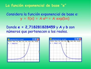 La función exponencial de base “e” Considera la función exponencial de base e: y = f(x) = A e bx = A exp(bx) Donde e = 2,718281828459 y A y b son números que pertenecen a los reales.