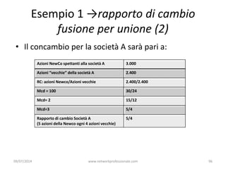 Esempio 1 →rapporto di cambio
fusione per unione (2)
• Il concambio per la società A sarà pari a:
Azioni NewCo spettanti a...