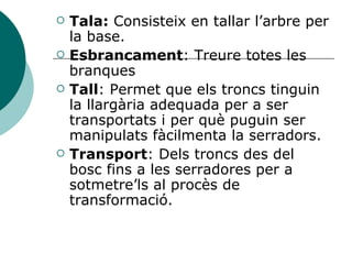 Tala:  Consisteix en tallar l’arbre per la base. Esbrancament : Treure totes les branques Tall : Permet que els troncs tinguin la llargària adequada per a ser transportats i per què puguin ser manipulats fàcilmenta la serradors. Transport : Dels troncs des del bosc fins a les serradores per a sotmetre’ls al procès de transformació. 