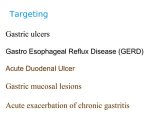 Targeting
Gastric ulcers
Gastro Esophageal Reflux Disease (GERD)
Acute Duodenal Ulcer
Gastric mucosal lesions
Acute exacerbation of chronic gastritis
 