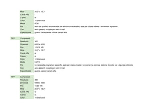 Mida 20,0" x 13,3"
Canal Alfa -
Capes si
Color 16 bits/canal
Mode RGB
Pro arxiu de qualitat, recomanable per edicions inacabades, apte per còpies màster i enviament a premsa
Con arxiu pesant, no apte per web ni mail
Especificitats guarda capes sense utilitzar canals alfa
TIFF Compressió -
Resolució 300
Dimensió 6000 x 4000
Pes 183.18 MB
Mida 20,0" x 13,3"
Canal Alfa si
Capes si
Color 16 bits/canal
Mode CMYK
Pro no necessita programari especific, apte per còpies master i enviament a premsa, sistema de color per algunes editorials
Con arxiu pesant, no apte per web ni mail
Especificitats guarda capes i canals alfa
TIFF Compressió -
Resolució 300
Dimensió 6000 x 4000
Pes 45.80 MB
Mida 20,0" x 13,3"
Canal Alfa si
Capes si
Color 16 bits/canal
 